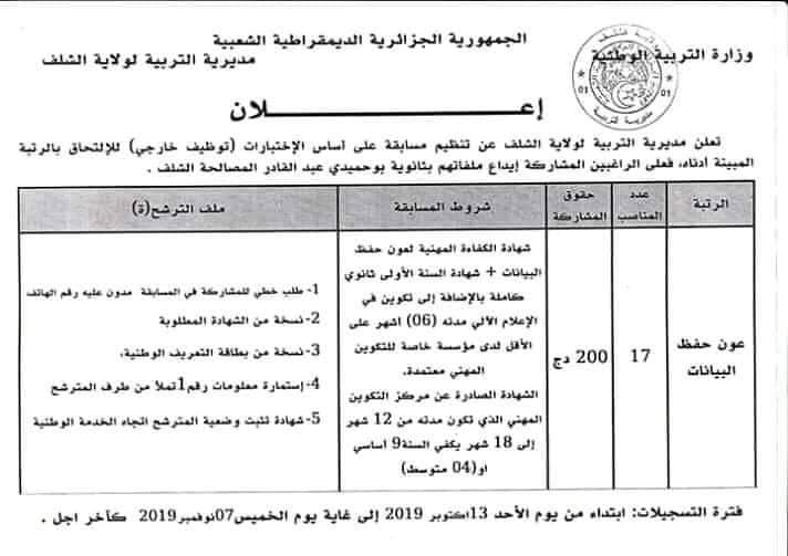 اعلان توظيف مديرية التربية لولاية الشلف