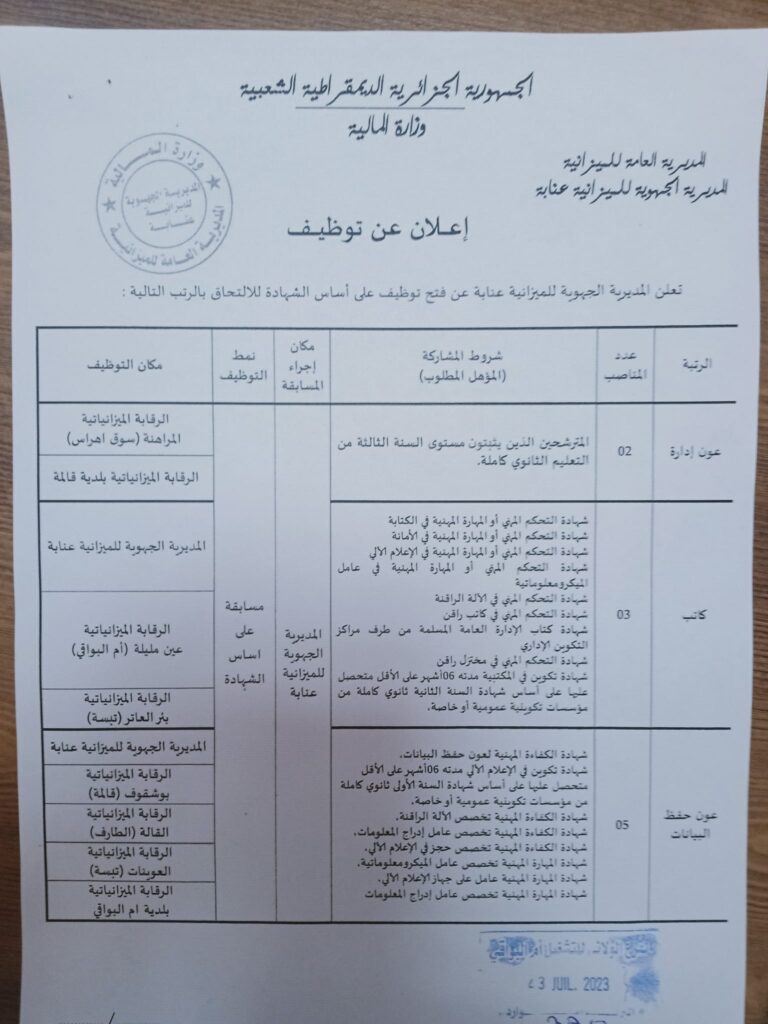 اعلان توظيف بالمديرية الجهوية للميزانية بعنابة سوق اهراس قالمة ام البواقي تبسة الطارف