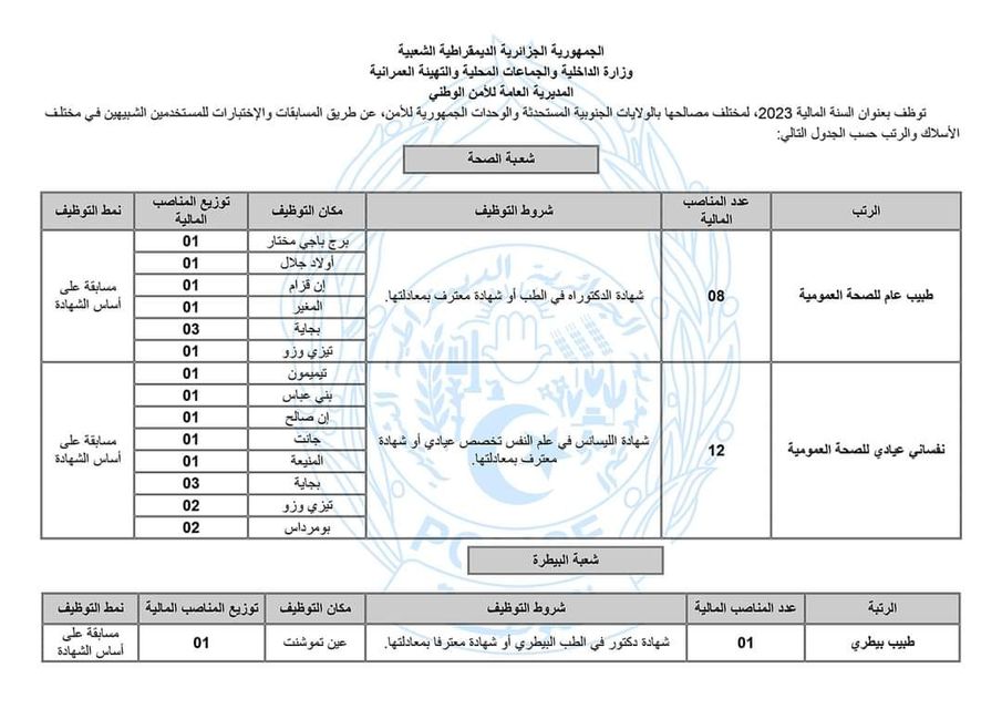 اعلان عن توظيف بالمديرية العامة للأمن الوطني لعدة ولايات