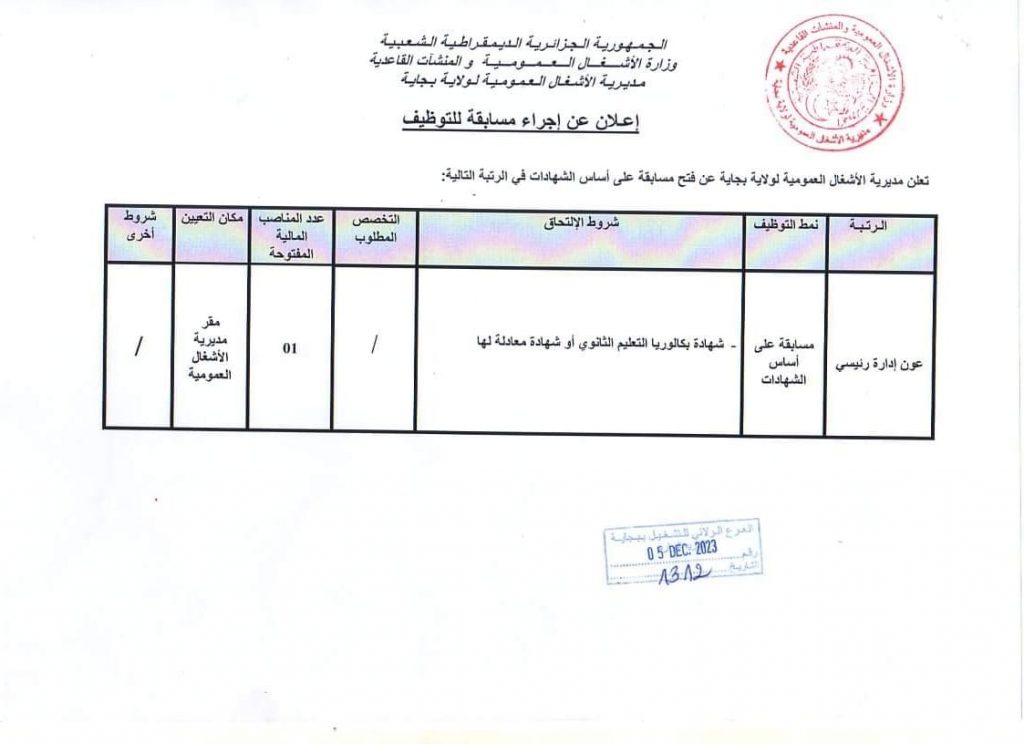 اعلان عن توظيف بمديرية الأشغال العمومية لولاية بجاية